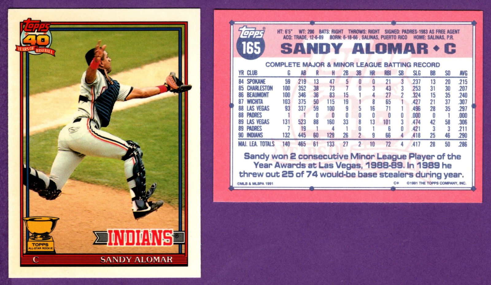 Sandy Alomar Cleveland Indians 1991 Topps Baseball #165 TIFFANY GLOSSY PARALLEL