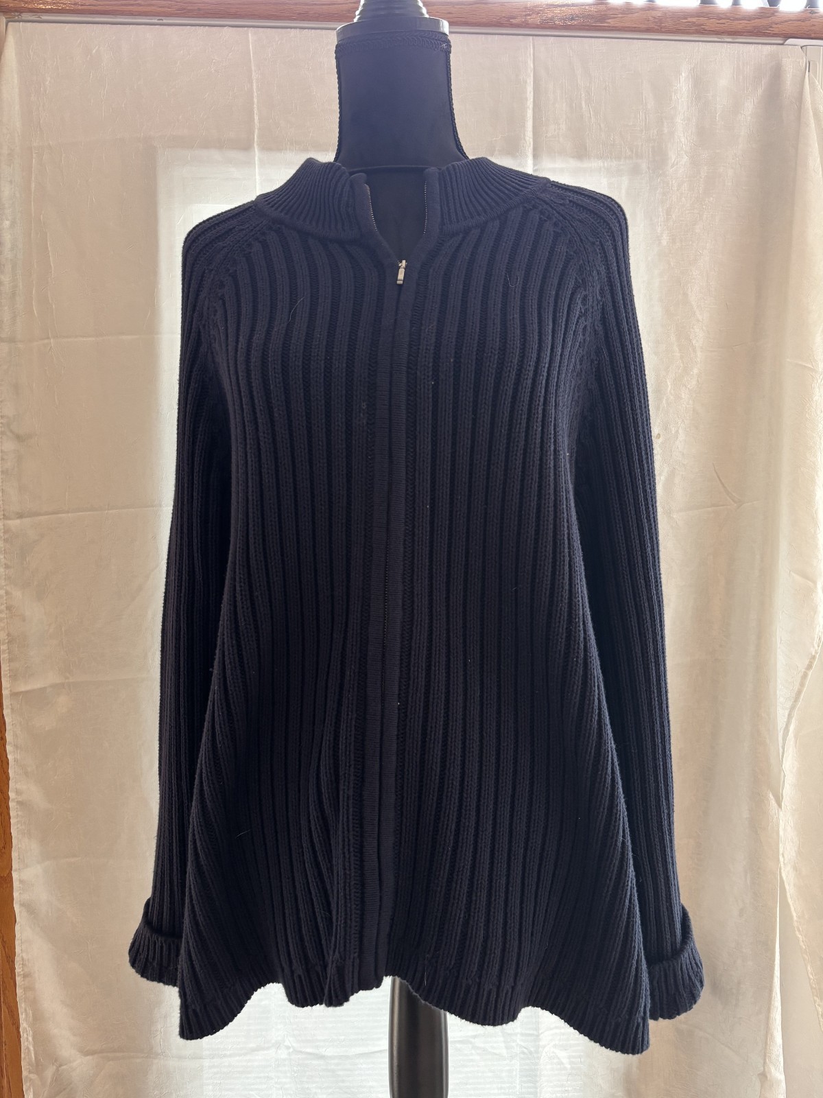Talbots Women\'s 1X Navy Blue Heavyweight 100% Cotton Knit Zip Up Sweater