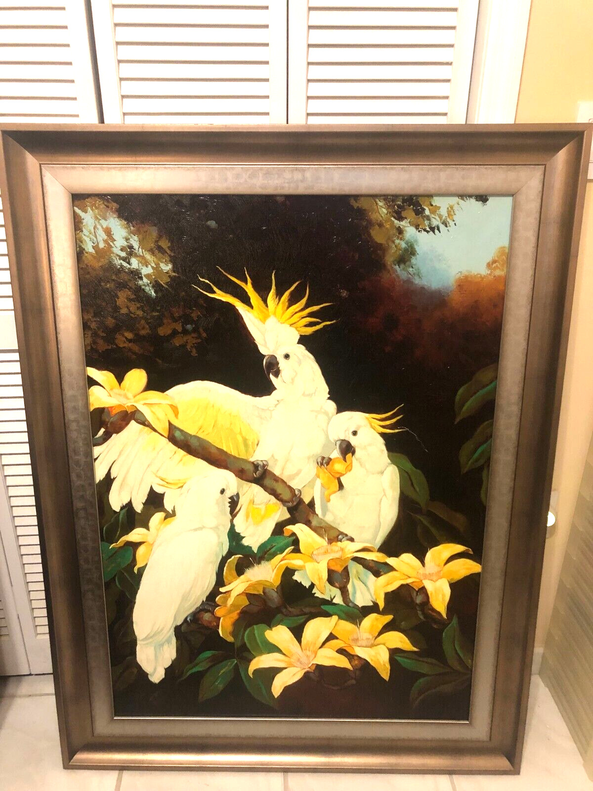 framed original oil canvas painting of three white cockatoos 37 in by 49 in framed original oil canvas painting of three white cockatoos 37 in by 49 in