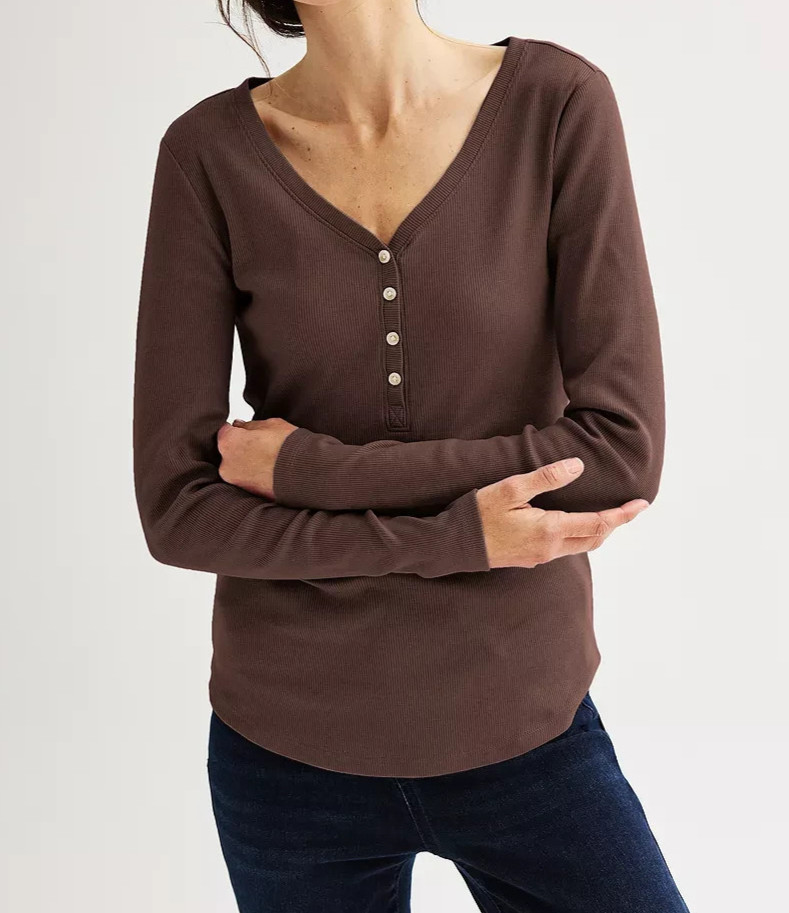 SONOMA Goods For Life Women's Naveena Plum Ribbed LS Henley - Size M/L/XL/XXL