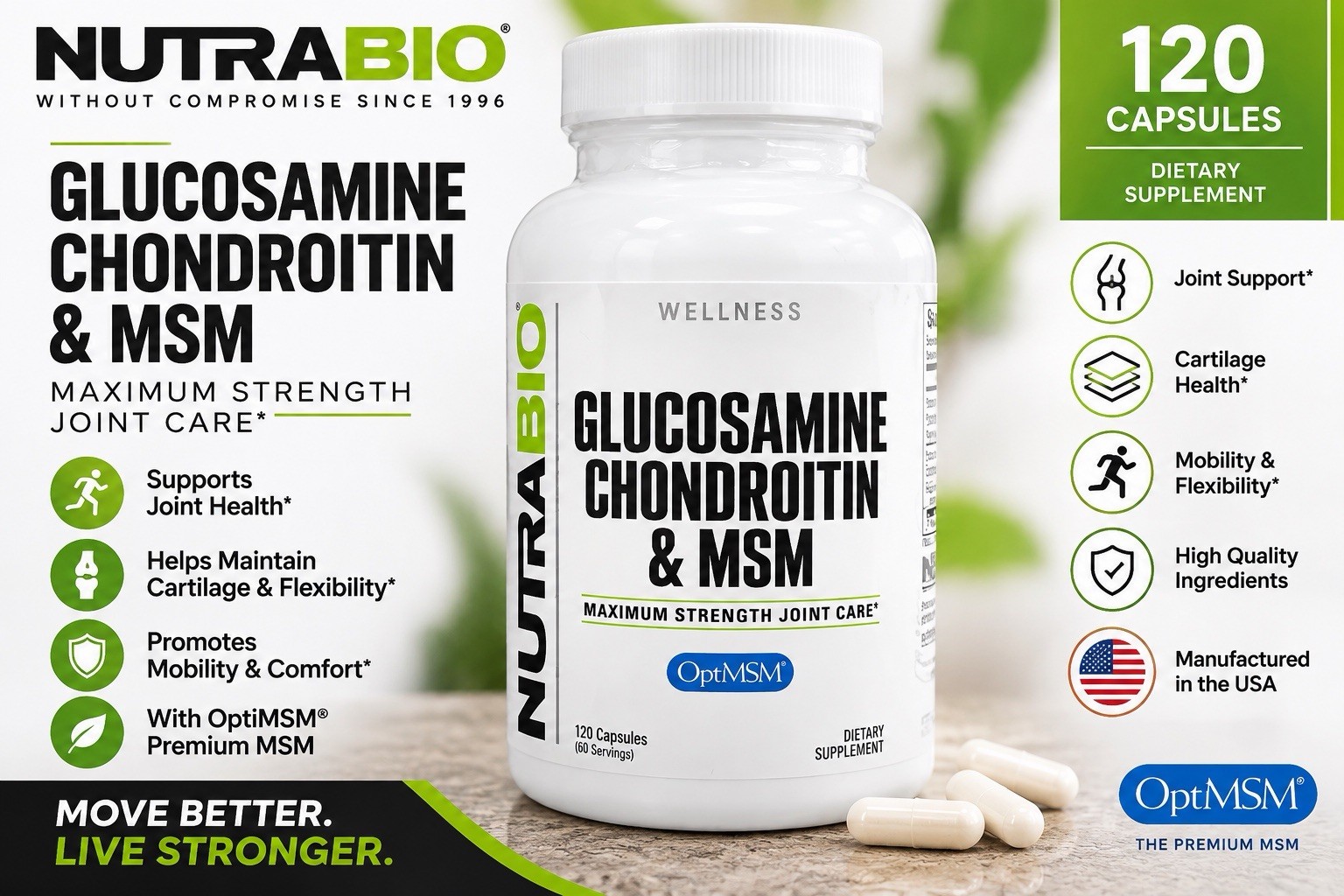 NutraBio Glucosamine Chondroitin & MSM - Joint Support -120 Caps🔥Exp 07/2027🔥