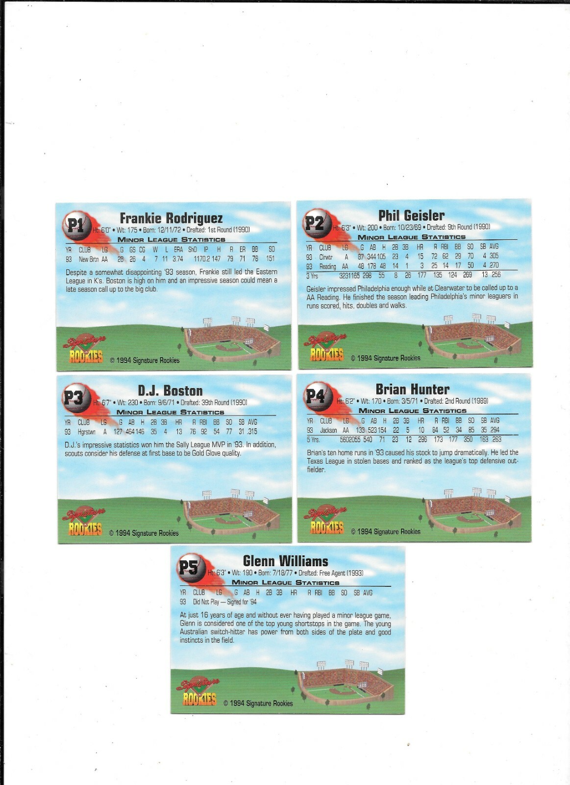 1994 Signature Rookies Baseball PROMO 5 Card Set P1-P5 Prospects NRMT