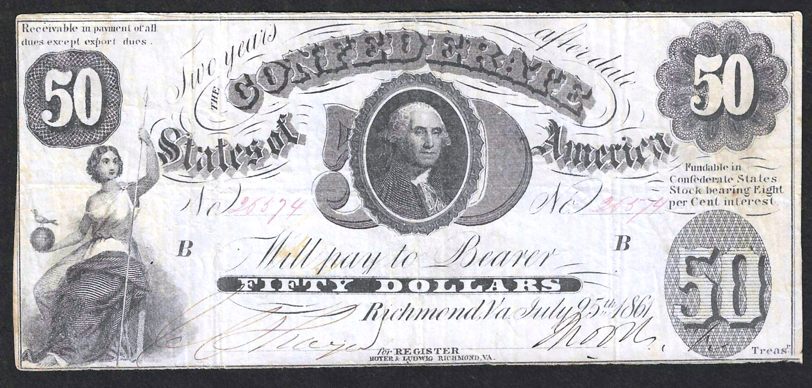 1861 CONFEDERATE $50 CURRENCY NOTE ~ T-8 ~ WASHINGTON & TELLUS ~ EXTREMELY FINE