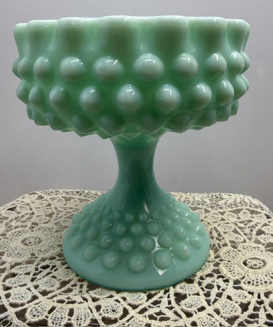 Rare 1950’s Pastel GREEN Fenton Milk Glass Hobnail Pedestal Compote, Candy Dish