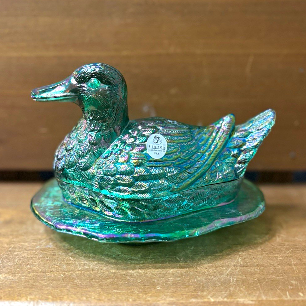 Fenton Art Glass Green Carnival Glass Duck on Nest MINT Fenton Art Glass Green Carnival Glass Duck on Nest MINT