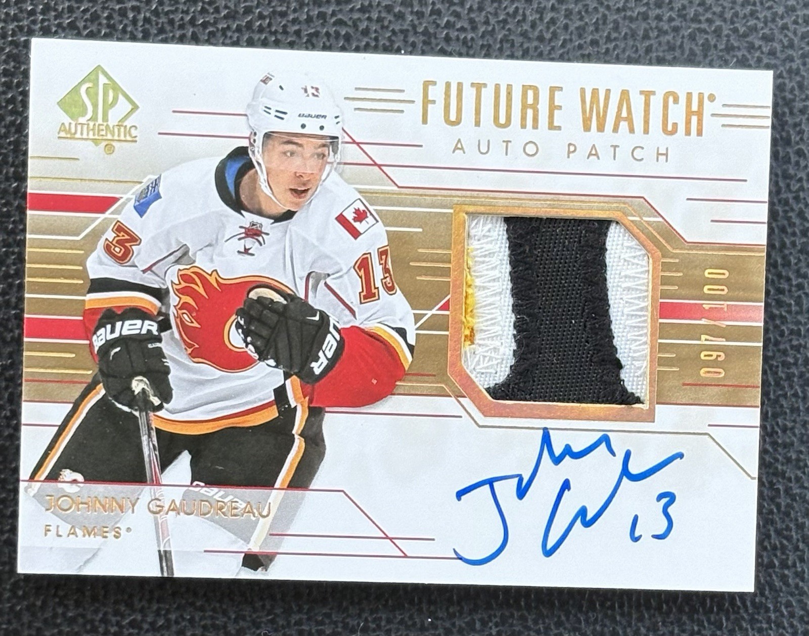 2014-15 SP Authentics Johnny Gaudreau 3CLR RPA RC Rookie Patch Auto #/100 CLEAN 2014-15 SP Authentics Johnny Gaudreau 3CLR RPA RC Rookie Patch Auto #/100 CLEAN