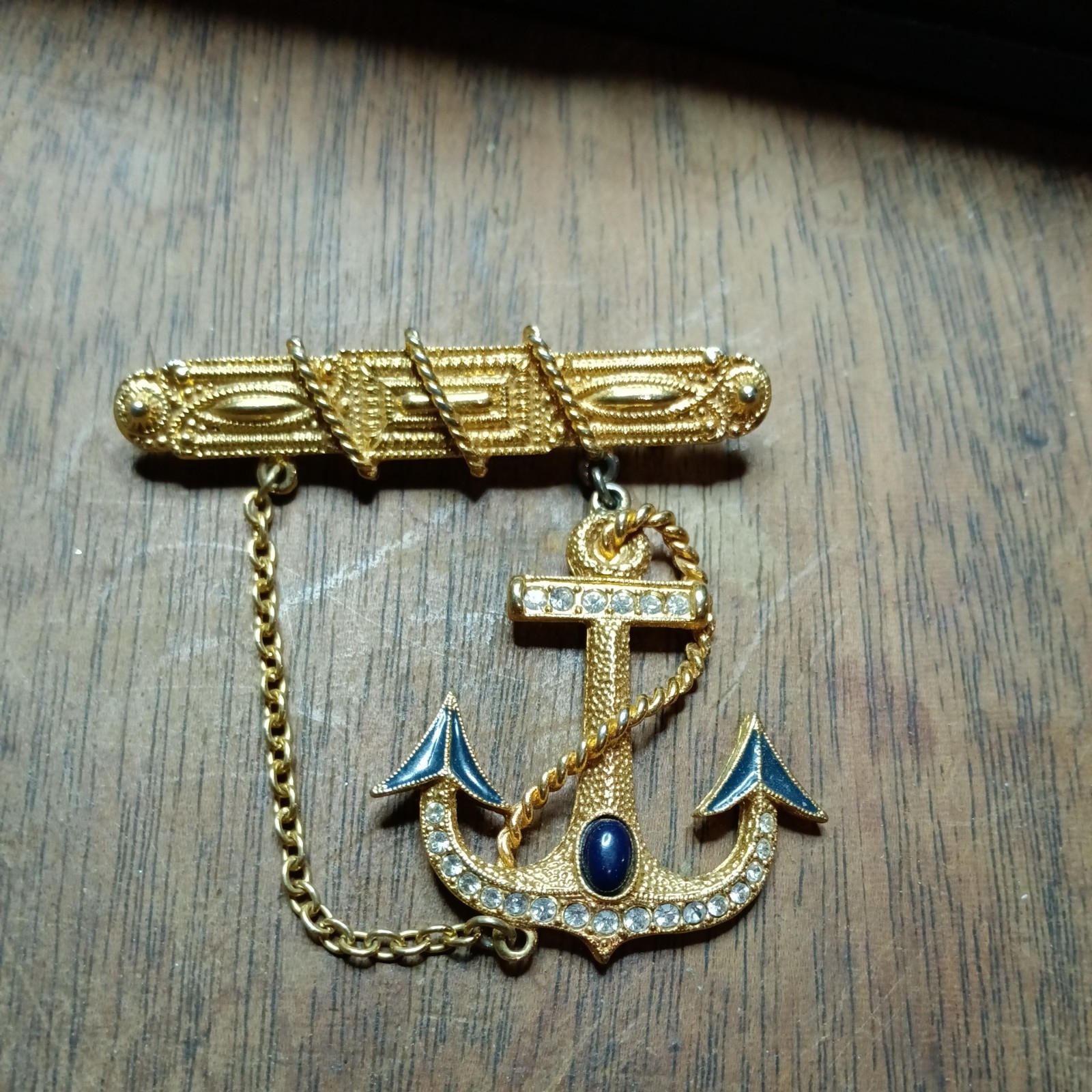 Vintage 1928 Co Nautical Blue Enamel Clear Rhinestones Gold Tone Dangle Brooch