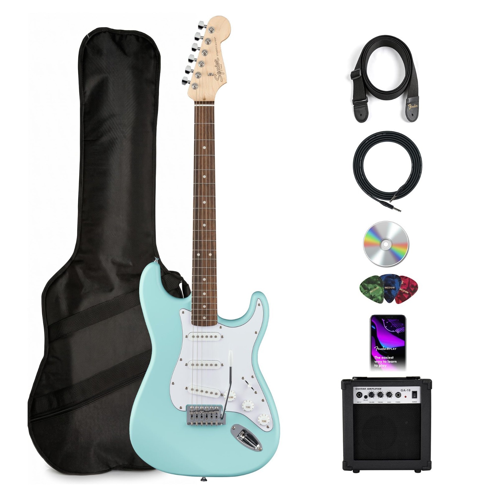 Fender Squier Stratocaster Electric Guitar - Daphne Blue Bundle with Amplifier,