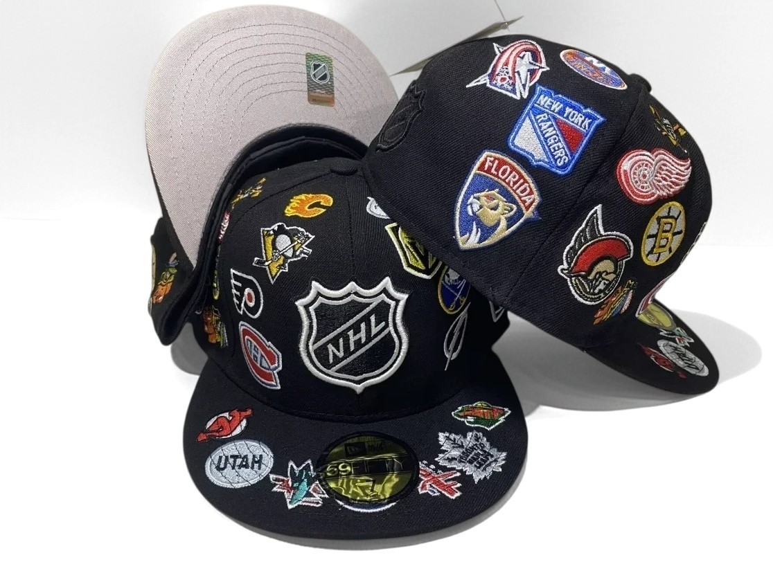 New Men's NHL All Over Team Logos Hat 59fifty Fitted Hat Black Hockey Cap