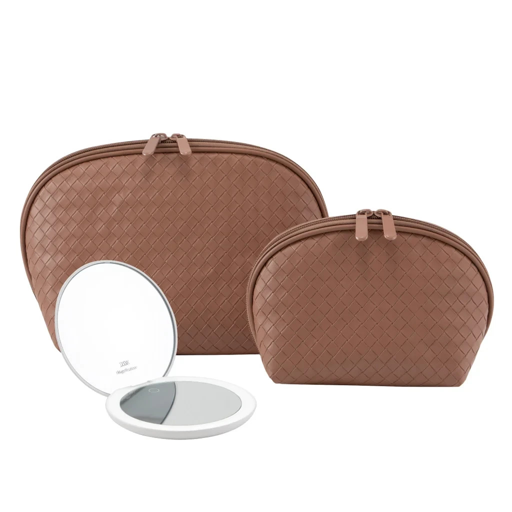 GloTech 3 Piece Faux Leather Cosmetic Bags W/ Rechargeable Compact Mirror Brown