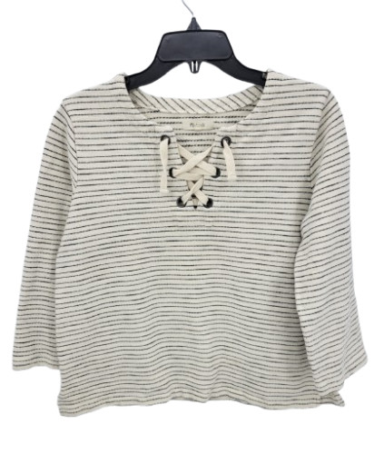Madewell Top Womens Medium Ivory Blue Stripe Lace Up Neck Boho Beachy Pullover
