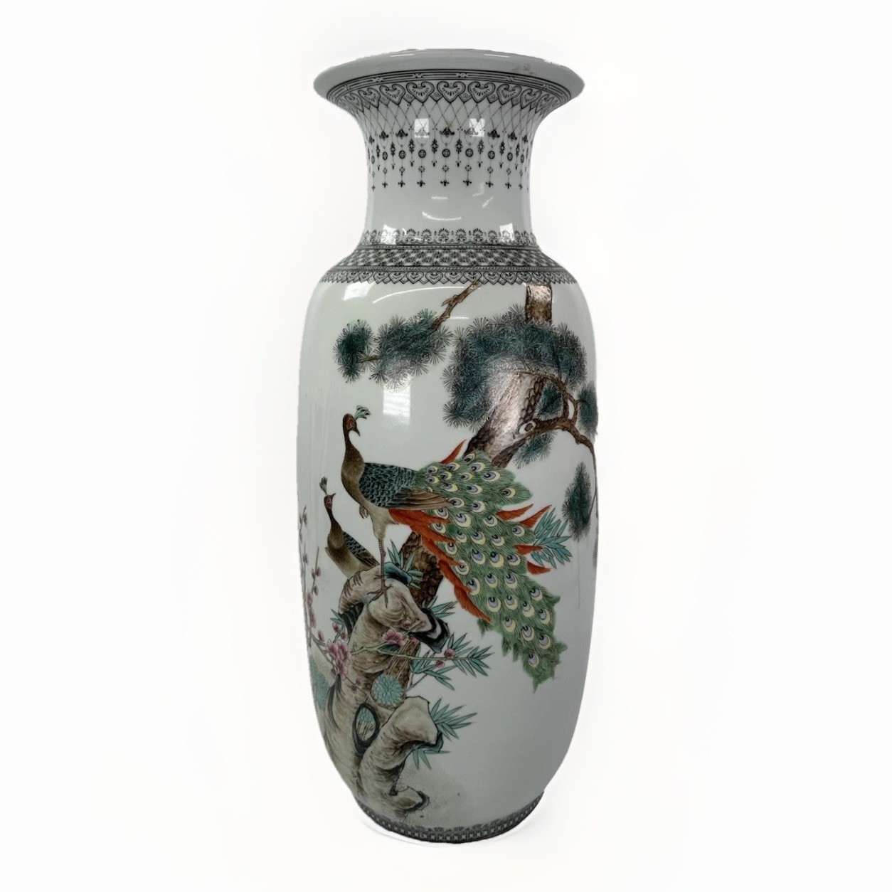 Chinese 24” 19-20th Century Porcelain Peacock Vase Hand Painted Qianlong Marked