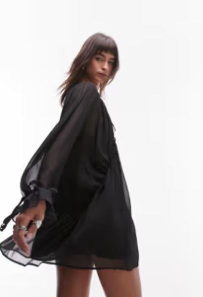 Topshop Women\'s Long Sleeve Cut Out Tie Neck Ruffle Shirt Minidress in Black 12