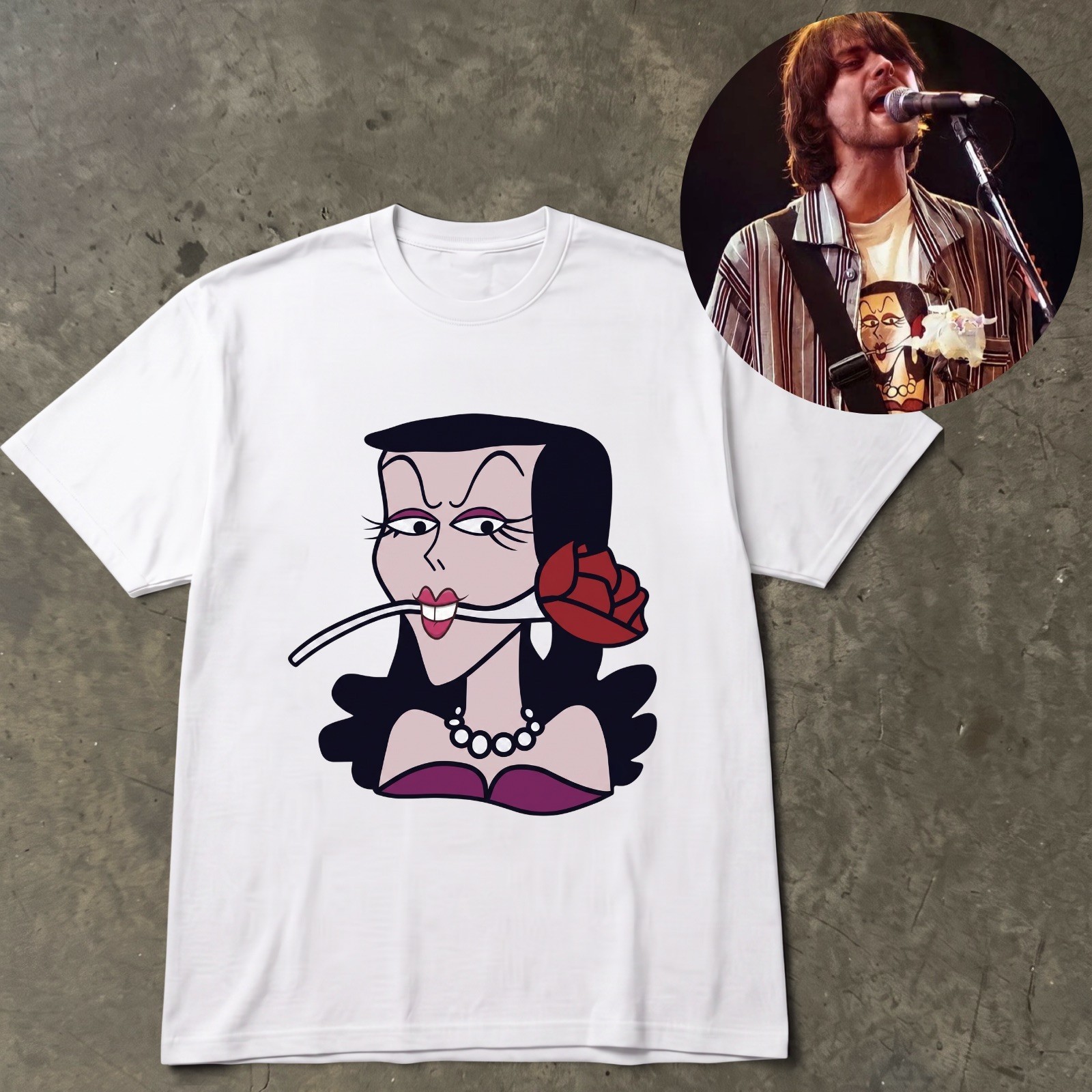 Vintage Kurt Cobain Worn T-Shirt, Cartoon Woman Rose Unisex Tee, 90s Rock Music