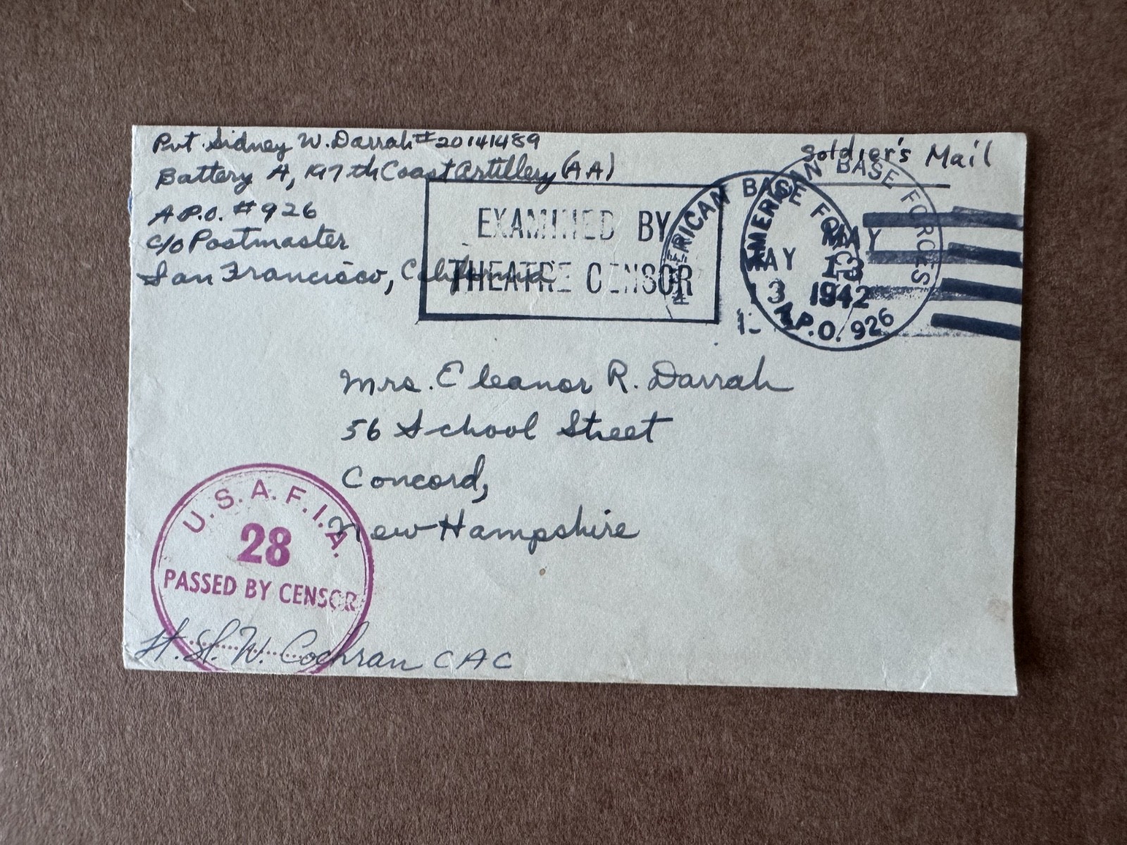 1942 APO 926 Free Frank Censored Cover to Concord NH