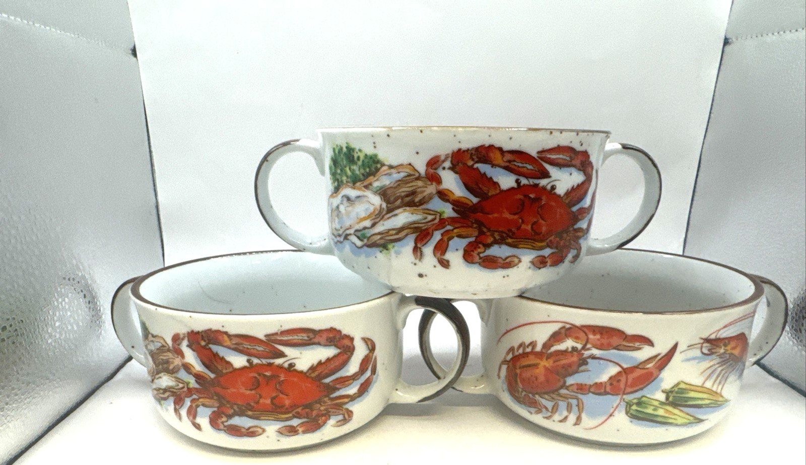 Lot Of 3 Vintage DH Holmes Crab Soup Bowls Double Handle Stoneware Japan