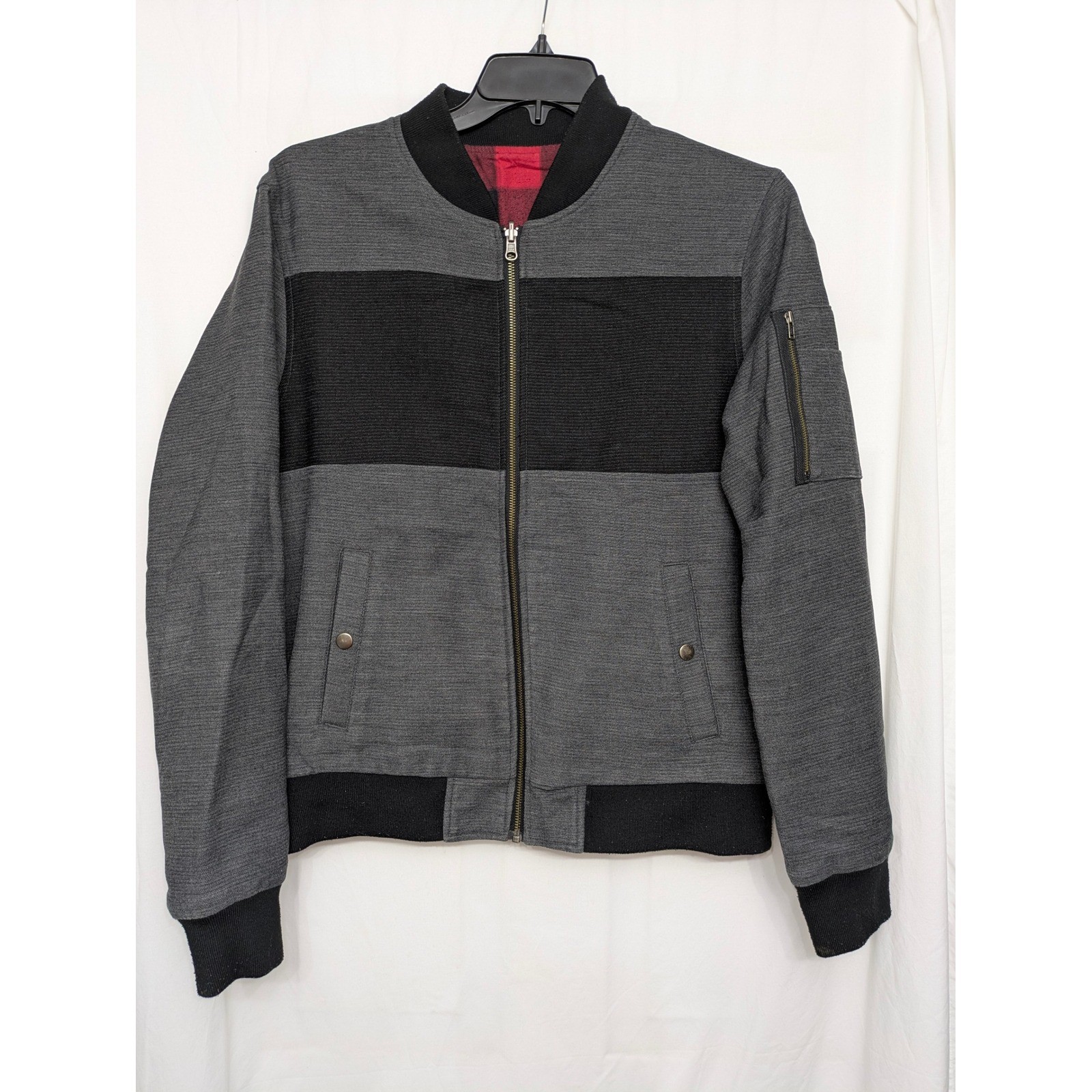 Original Penguin Reversible Bomber Jacket Mens Large Grey Black Red Plaid L
