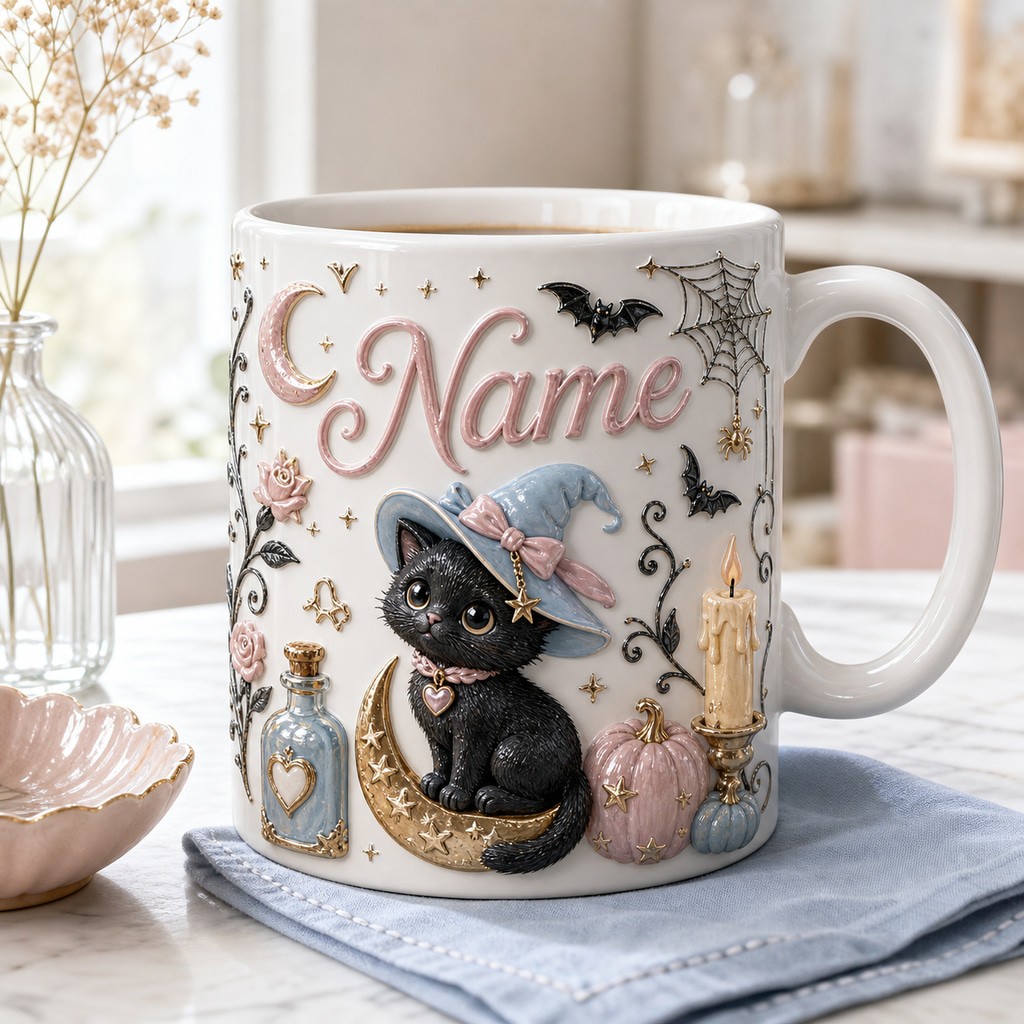 Mug Personalized Witchy Cat Ceramic Coffee Halloween Gift
