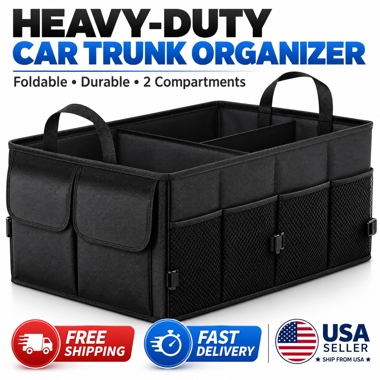  Heavy Duty Car Trunk Organizer 2 Compartment Foldable Storage Bag for SUV Sedan
