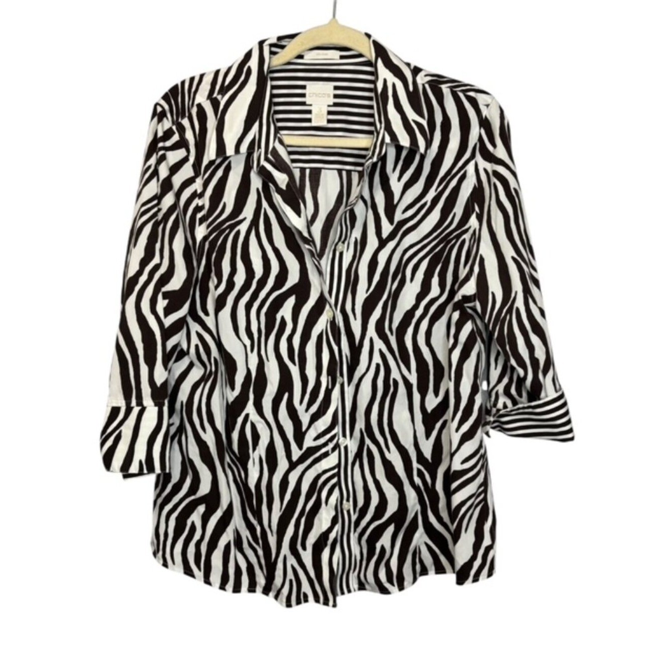 Chico\'s Blouse Women\'s XL No Iron Button Down Stripes Zebra Brown White Chicos 3