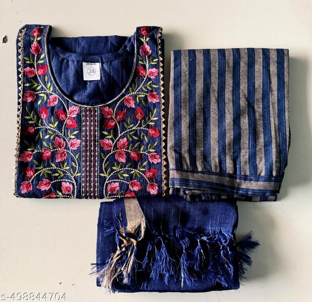 Bollywood Indian Blue Embroidered Khadi Cotton Kurta Pant Dupatta Suit Set A8