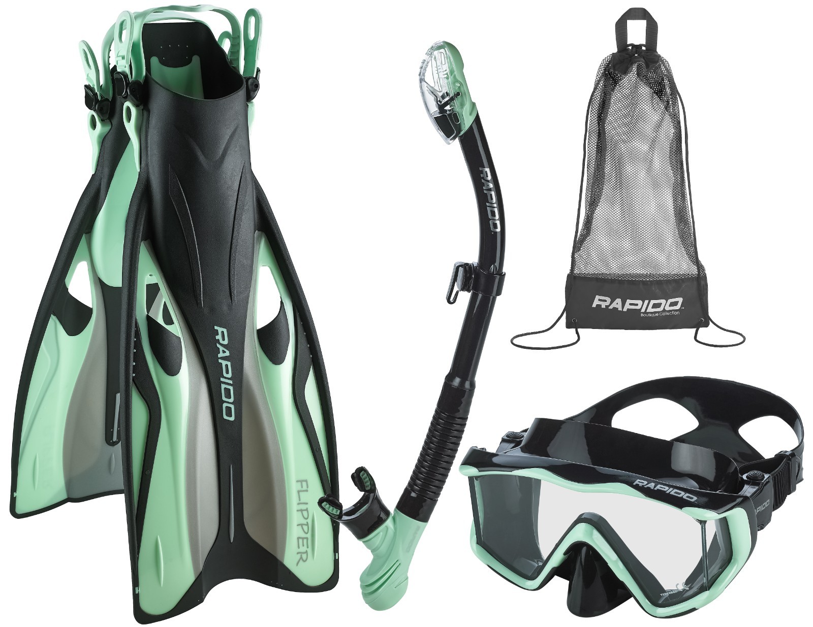Rapido Silicone Scuba Snorkeling Mask Fin Snorkel Set + Carry Bag - TRAVEL SET