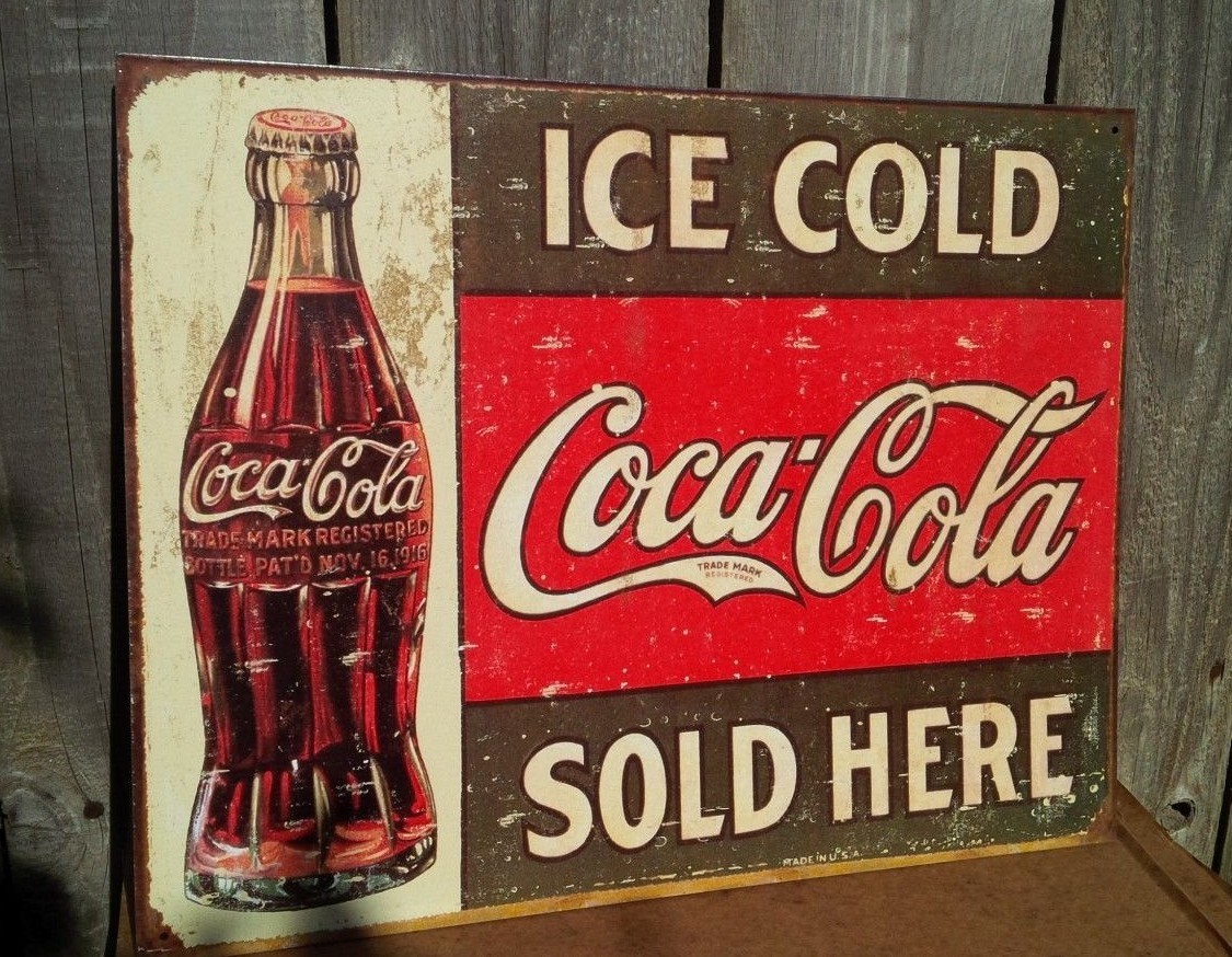 Vintage Coca Cola Sign Tin Metal Soda Pop Bottle Advertising Ice Cold Sold Here