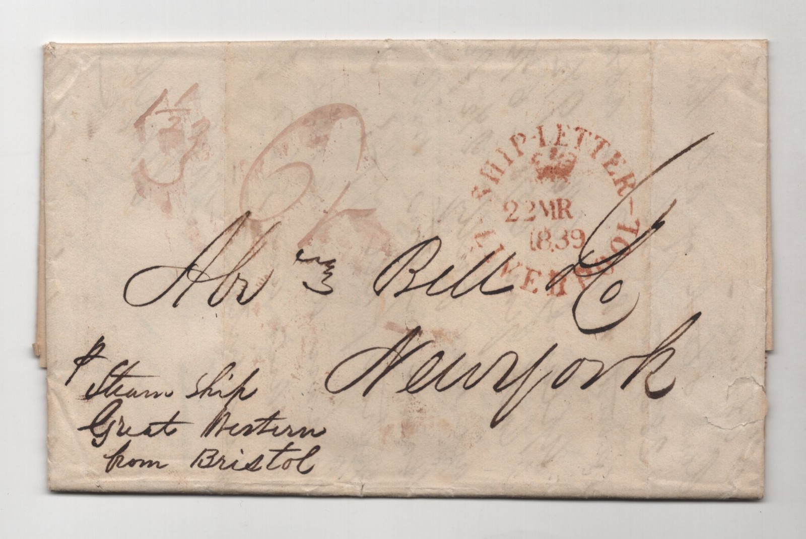 UK 1839 GREAT WESTERN STEAMSHIP LIVERPOOL-NEW YORK SHIP LETTER TRANSAT. COVER