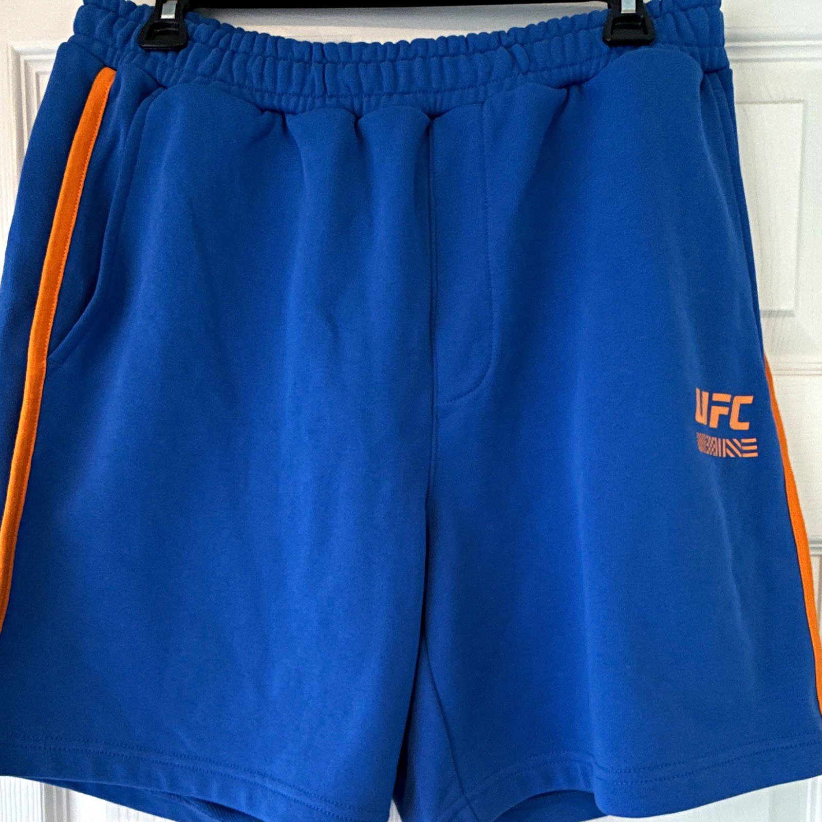 UFC Men\'s Athletic Shorts Blue/Orange Logo Knit Polyester Drawstring Pockets L UFC Men\'s Athletic Shorts Blue/Orange Logo Knit Polyester Drawstring Pockets L