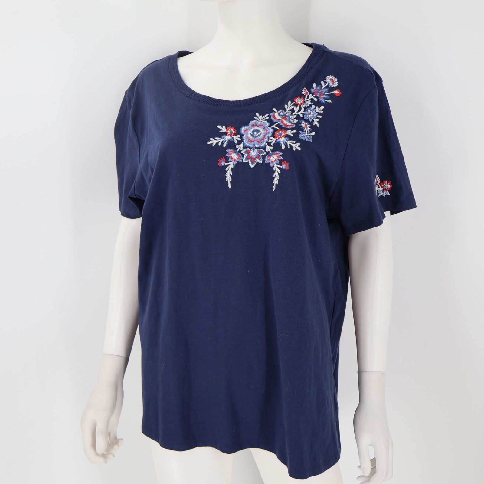 RXB Women\'s XXL Solid Indigo Floral Embroidered Short Sleeve T-Shirt Top