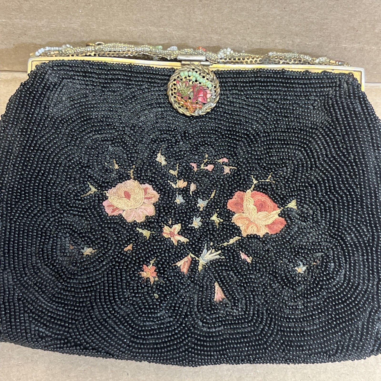 Black Micro Beaded Handbag – French Evening Purse, 1920-1940s Classic Clutch Black Micro Beaded Handbag – French Evening Purse, 1920-1940s Classic Clutch