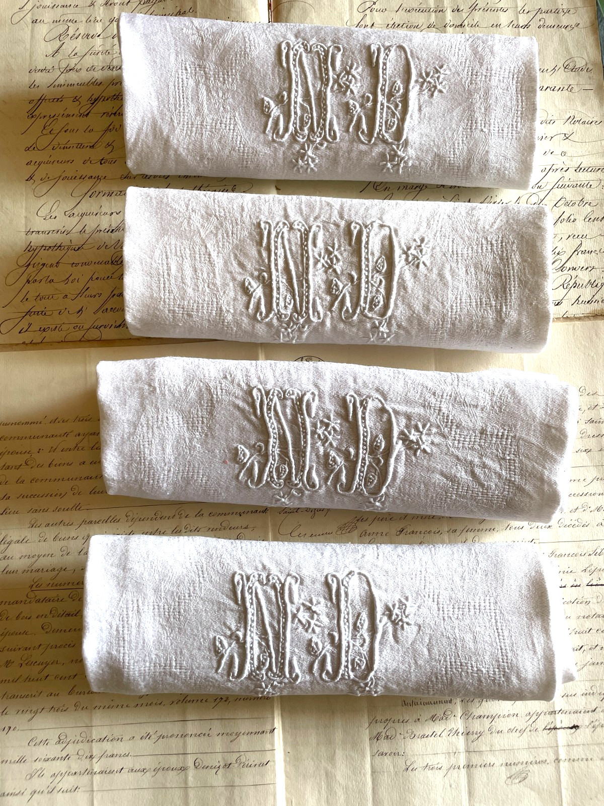 Set 4 Antique French Pristine White Damask Napkins Monogram ND c1900s