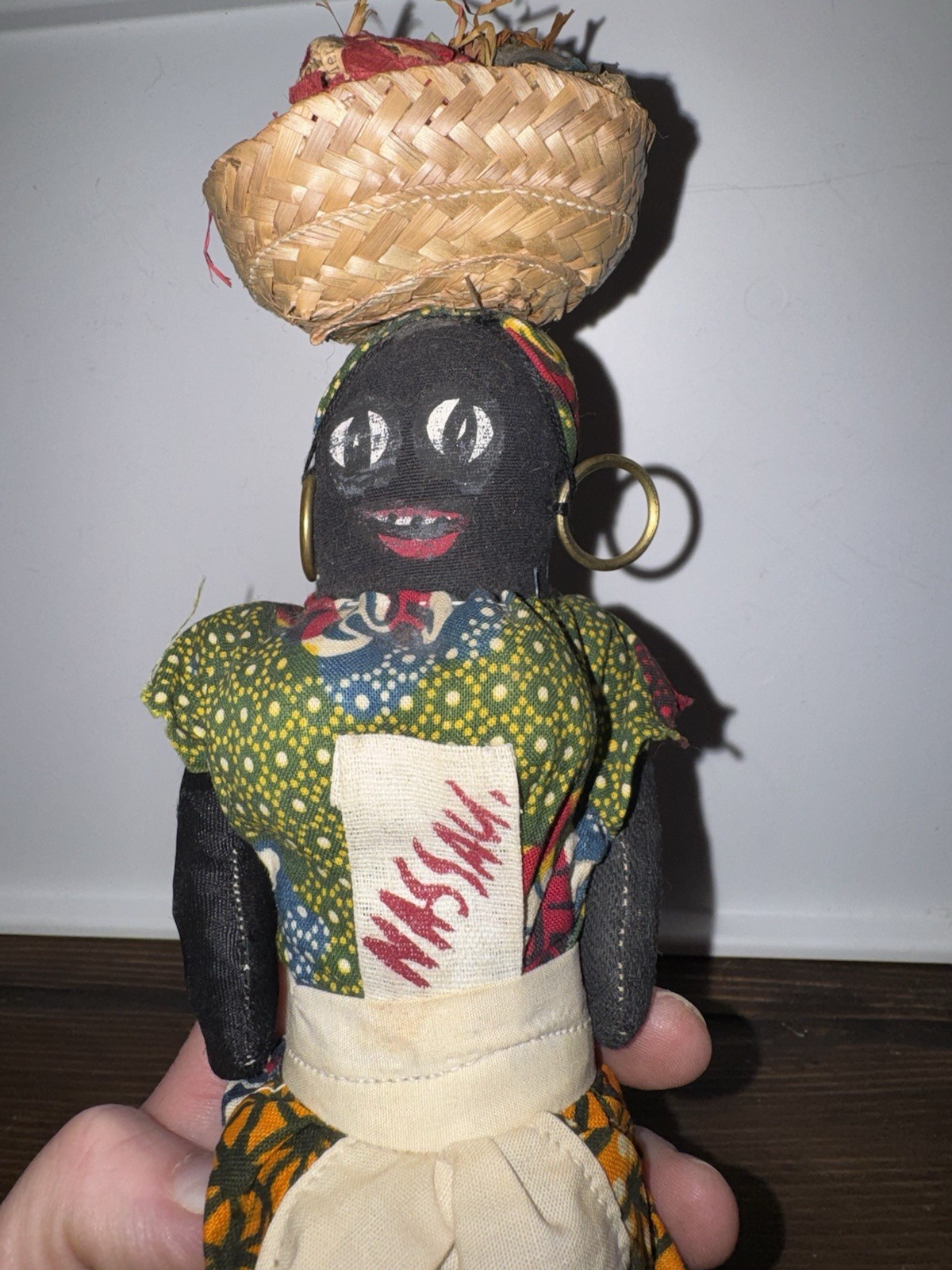 Vintage 1940s-60s Miss Jamaica 12” Cloth Folk Art Doll Basket Souvenir