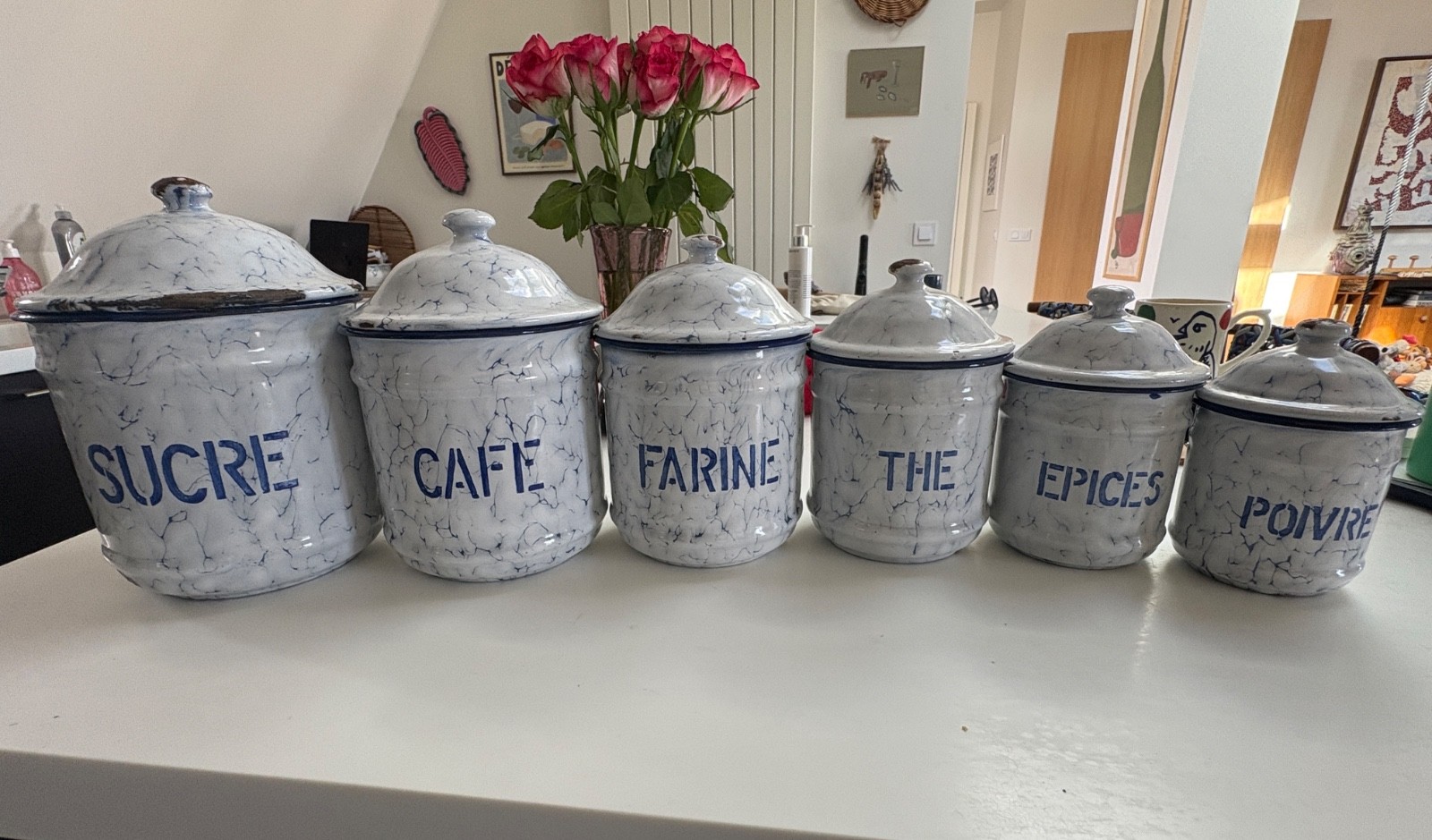 Vintage French Enamel Kitchen Canister Set of 6