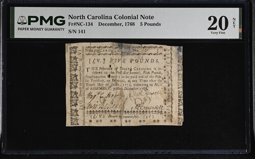 1768 Dec. North Carolina 5 Pounds Fr NC-134 PMG 20 NET VF Rare Note