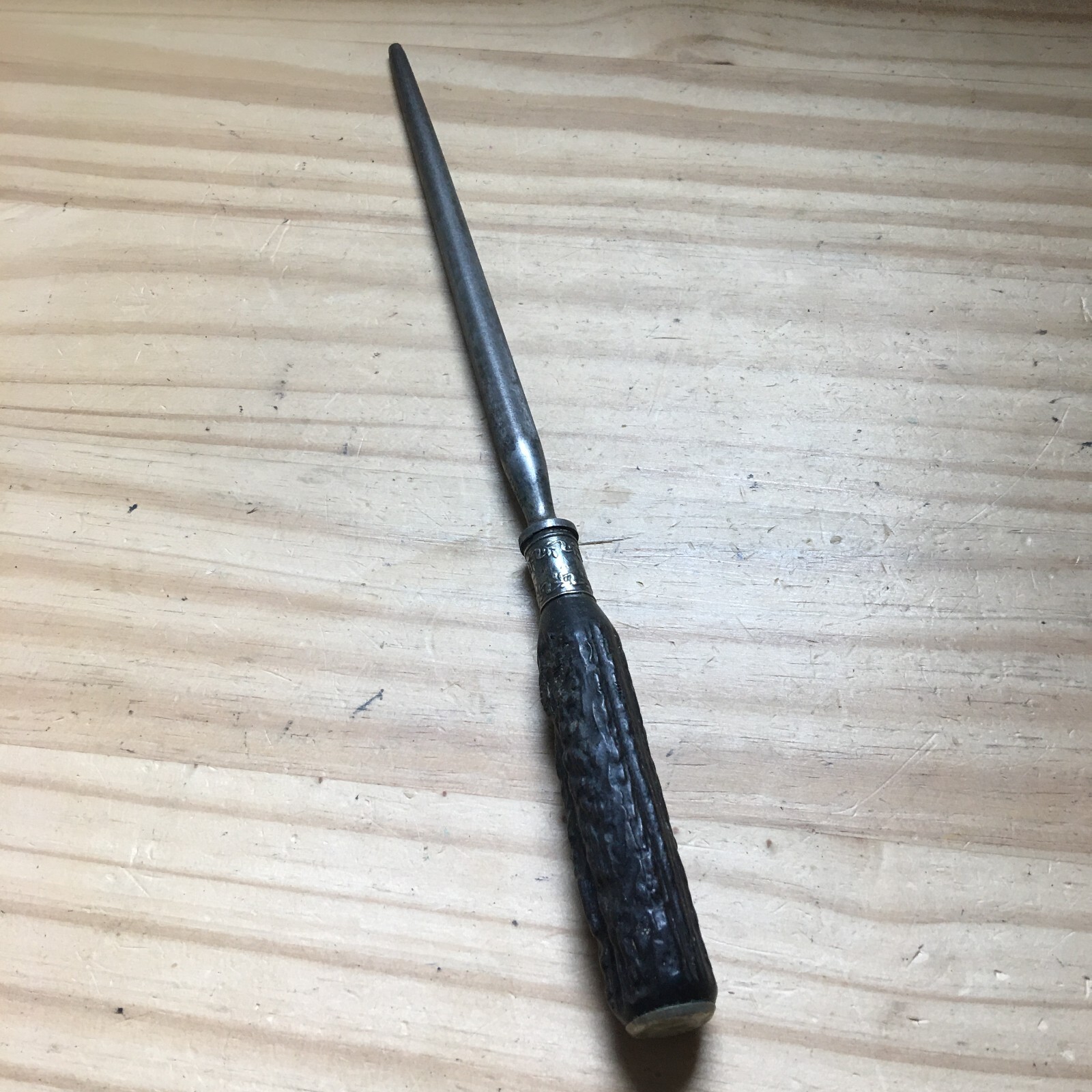 Antique Lee's Stag Horn Knife Sharpening Honing & Antler Handle + Sterling Fix.
