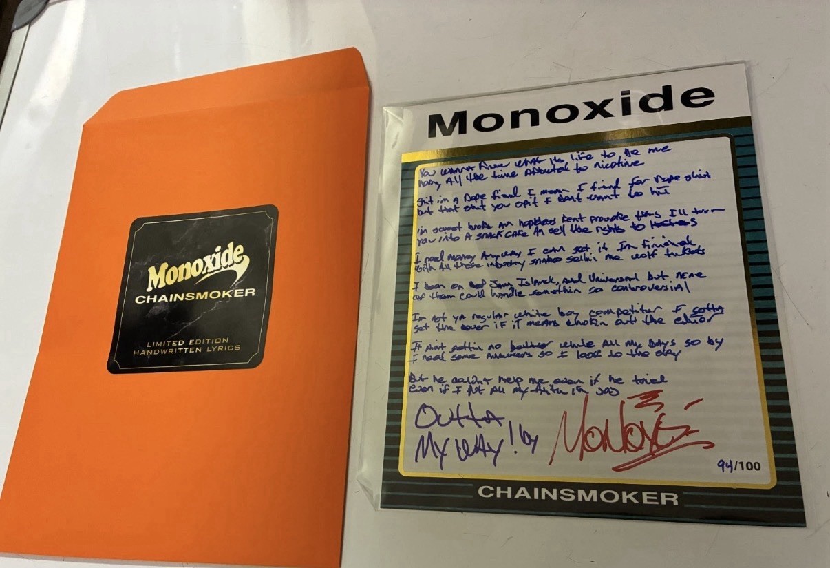 TWIZTID OUTTA MY WAY BY MONOXIDE CHAINSMOKER HAND WRITTEN LYRICS 94/100 Signed TWIZTID OUTTA MY WAY BY MONOXIDE CHAINSMOKER HAND WRITTEN LYRICS 94/100 Signed