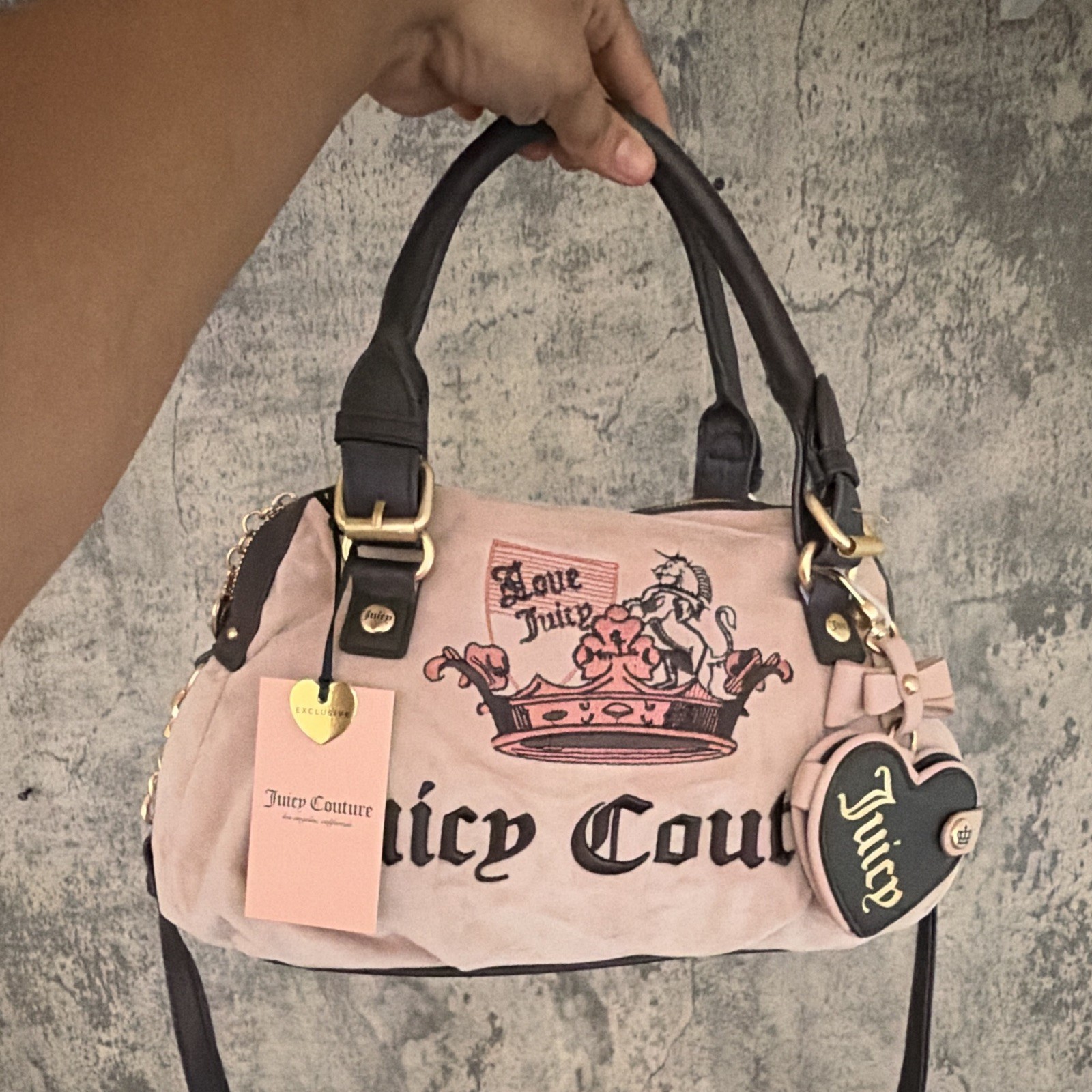 NWT Juicy Couture Pink Velour Crown Satchel Bag Heart Mirror Y2K Crossbody