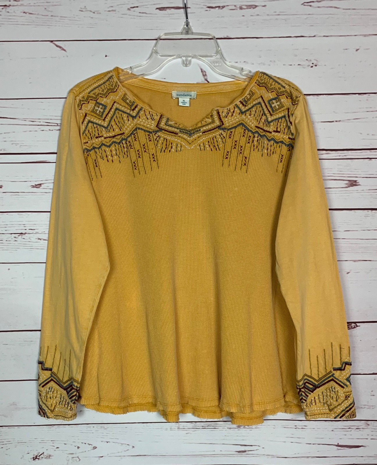 Sundance Women\'s XL Extra Large Mustard Yellow Embroidered Fall Long Sleeve Top