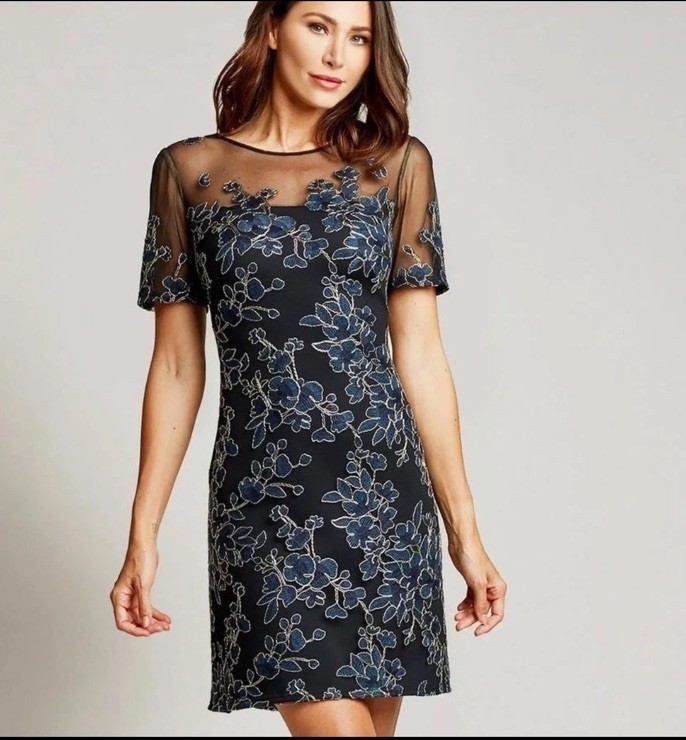 NEW TADASHI SHOJI Cardea Embroidered Floral Tulle Cocktail Dress Sz 2 Navy Gold