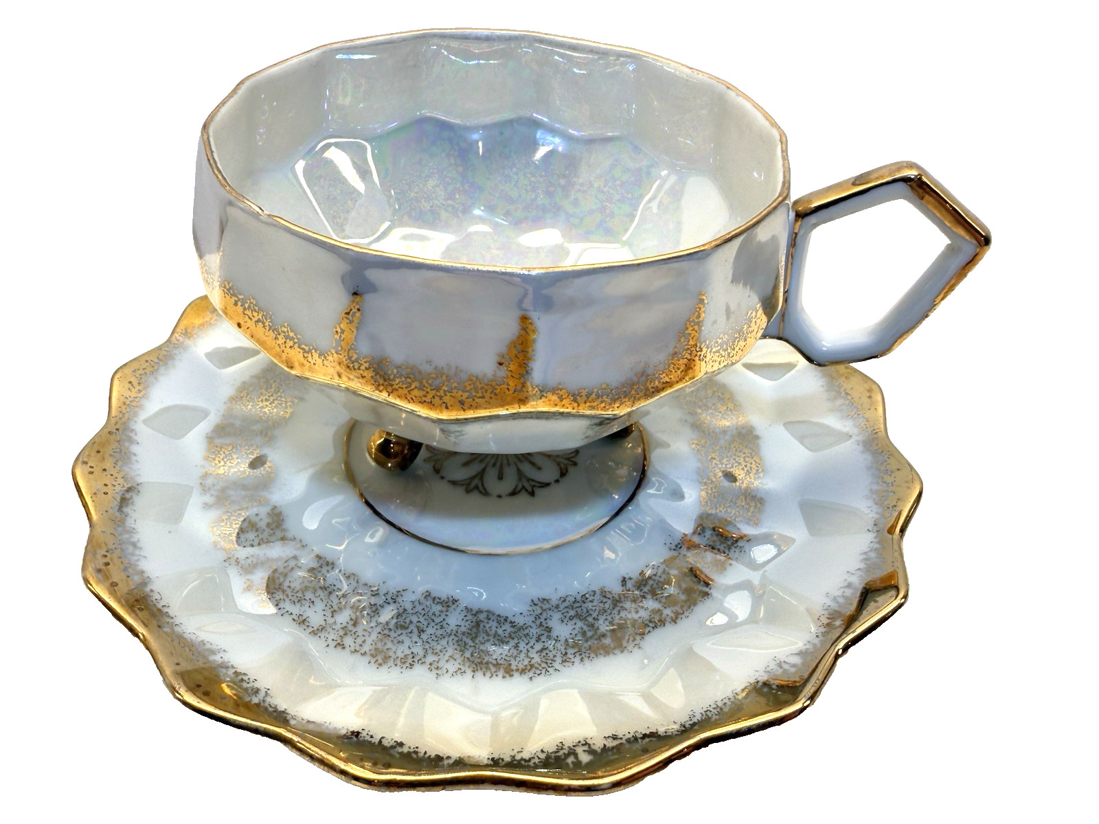 Vtg L&M Royal Halsey Japan Iridescent Lusterware 3 Footed Teacup Saucer Gold