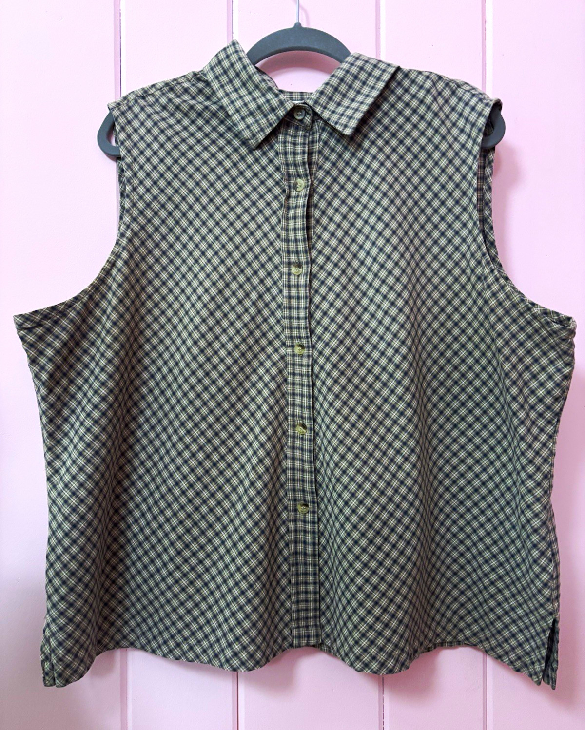Vintage 80’s Tan & Green Plaid Sleeveless Button Up Collared Flannel Blouse - 2X