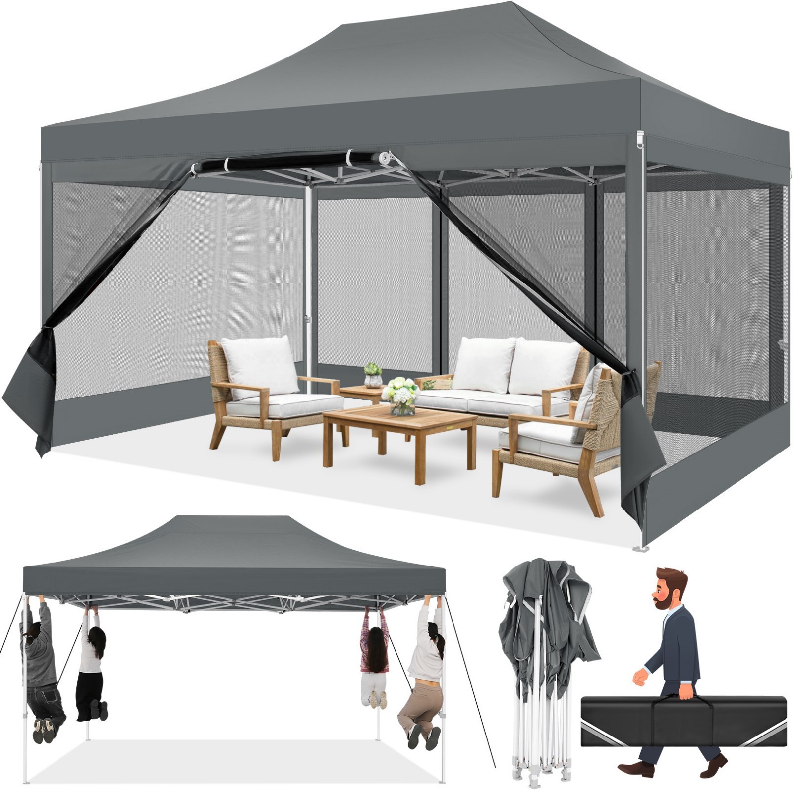 10x15FT Heavy Duty Pop-Up Canopy with Mosquito Netting & UPF 50+ Waterproof Roof