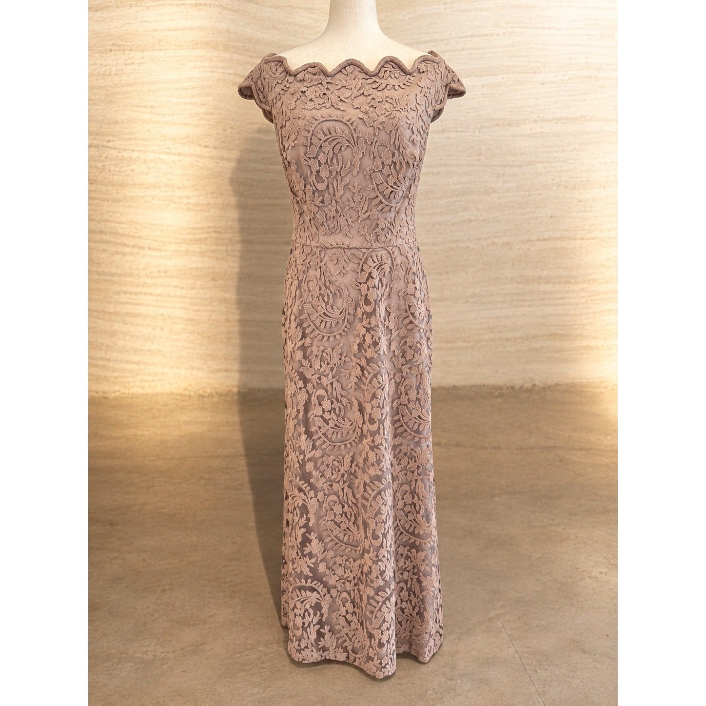 Tadashi Shoji Lace Off Shoulder Gown Taupe Nude Size 16