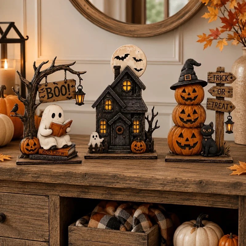 3pc Halloween Decor Set Haunted House Ghost Pumpkin Tabletop Statue Centerpiece