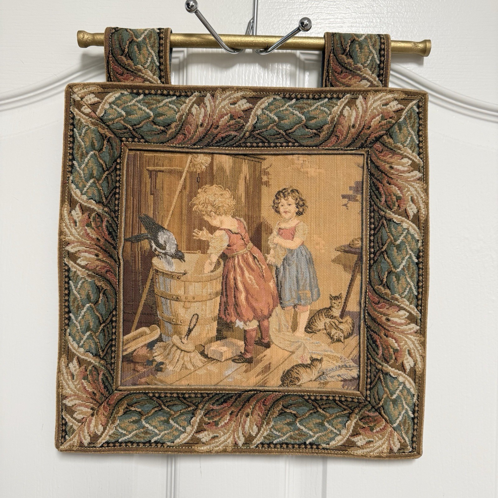 Vintage Metrax Belgium Wall Tapestry Girls Doing Laundry Kittens and Raven W/ROD