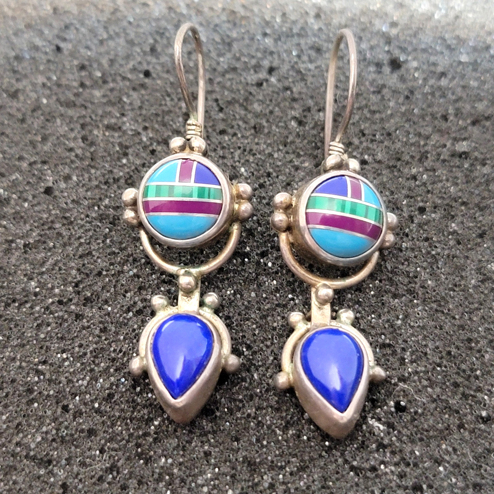 Vintage Sajen Sterling Silver Lapis Lazuli Turquoise Mosaic Dangle Earrings