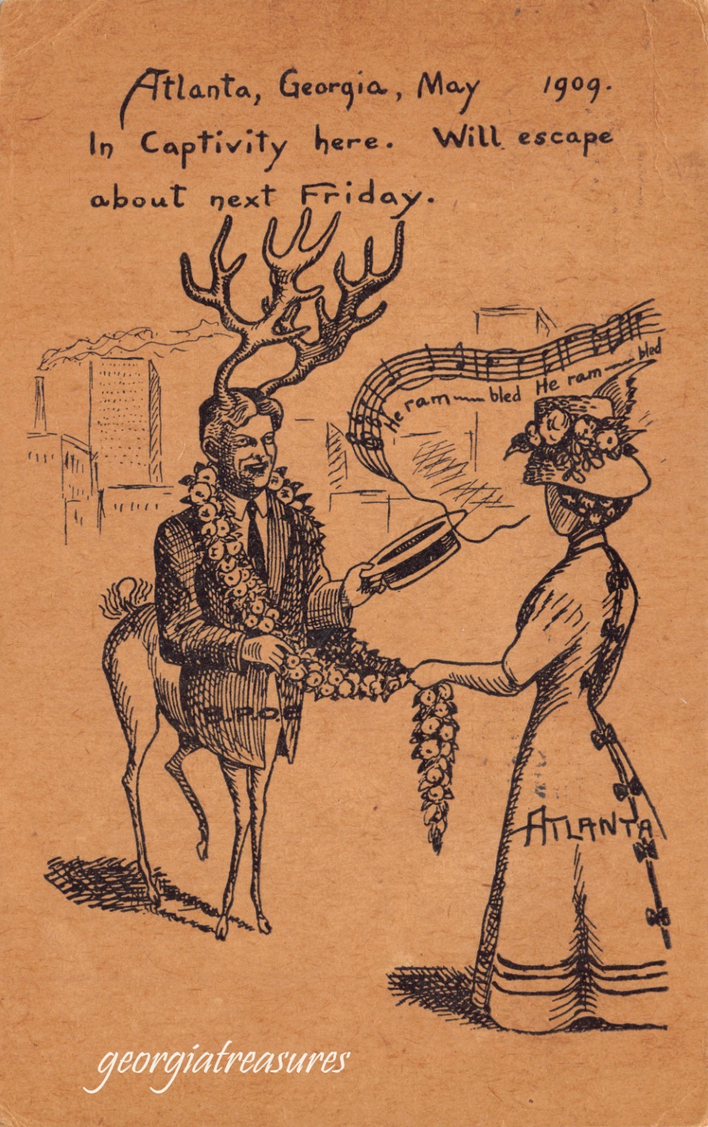 GA~GEORGIA~ATLANTA~MAY 1909 BPOE ELKS HAND-DRAWN PART MAN PART ELK