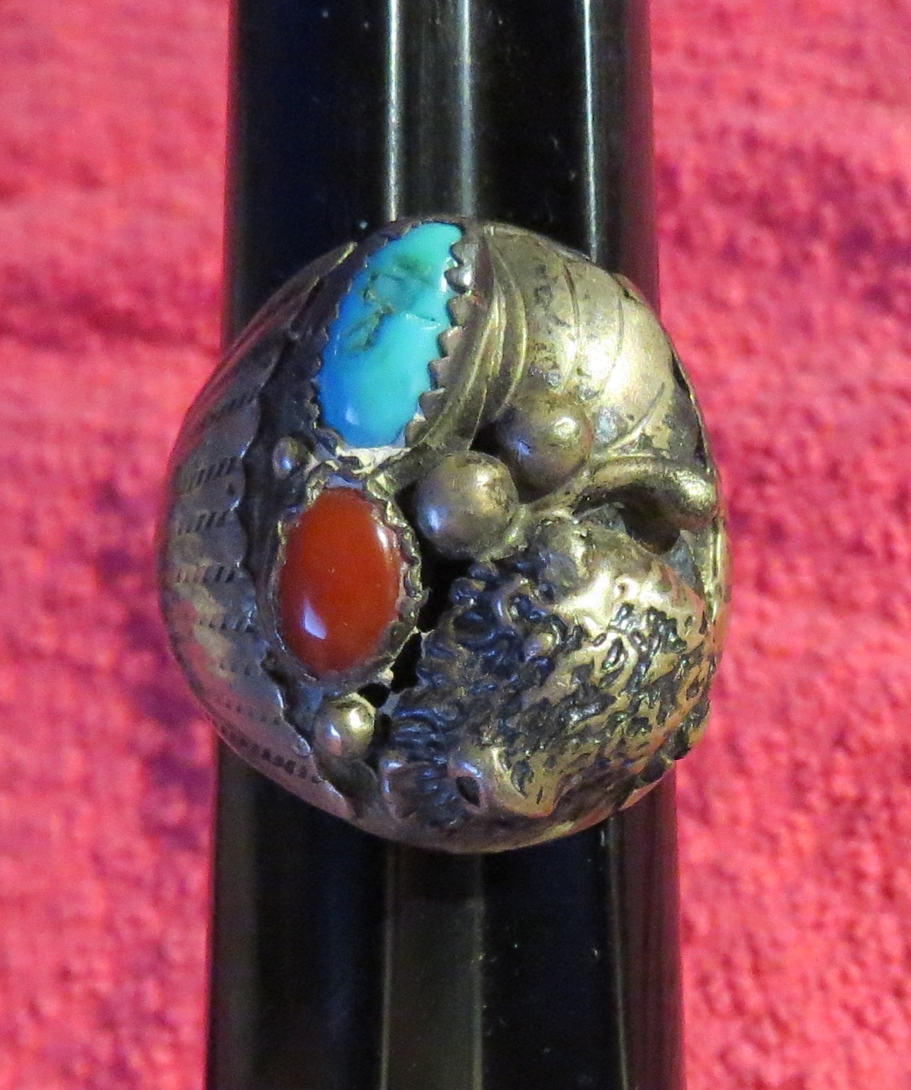 Vtg Sam Kee Navajo Sterling Silver Turquoise Coral Buffalo Ring Size 12.5 18.8gr