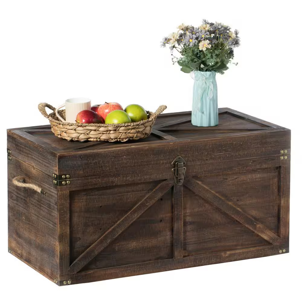 Vintiquewise Brown Large Wooden Lockable Trunk Farmhouse Style Rustic Design Vintiquewise Brown Large Wooden Lockable Trunk Farmhouse Style Rustic Design